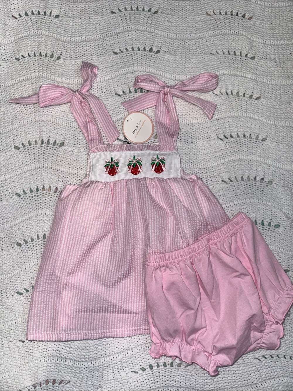 NWT Abby & Evie Pink Strawberry Smocked Tank & Bloomer Set for Kids